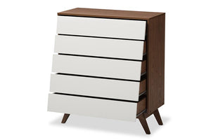 Baxton Studio Hildon Mid-Century Modern White and Walnut Wood 5-Drawer Storage Chest