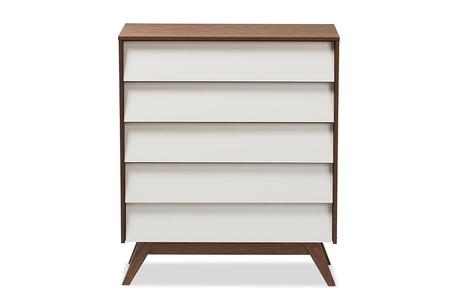 Baxton Studio Hildon Mid-Century Modern White and Walnut Wood 5-Drawer Storage Chest