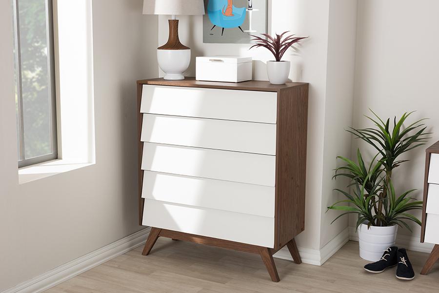 Baxton Studio Hildon Mid-Century Modern White and Walnut Wood 5-Drawer Storage Chest