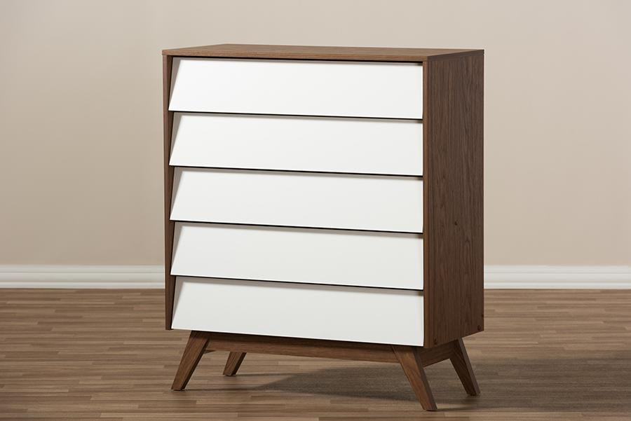 Baxton Studio Hildon Mid-Century Modern White and Walnut Wood 5-Drawer Storage Chest