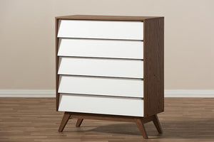 Baxton Studio Hildon Mid-Century Modern White and Walnut Wood 5-Drawer Storage Chest