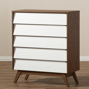 Baxton Studio Hildon Mid-Century Modern White and Walnut Wood 5-Drawer Storage Chest