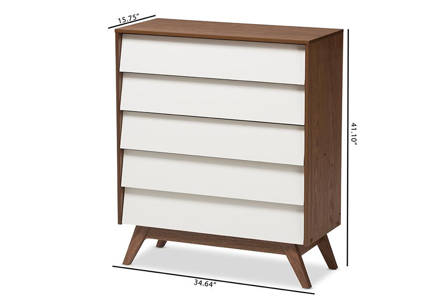 Baxton Studio Hildon Mid-Century Modern White and Walnut Wood 5-Drawer Storage Chest