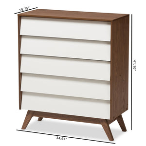 Baxton Studio Hildon Mid-Century Modern White and Walnut Wood 5-Drawer Storage Chest