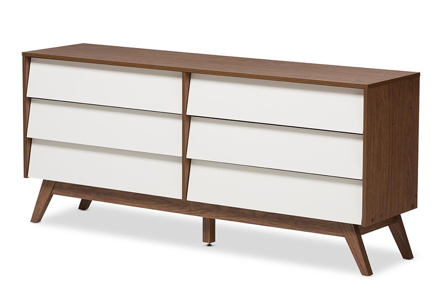 Baxton Studio Hildon Mid-Century Modern White and Walnut Wood 6-Drawer Storage Dresser