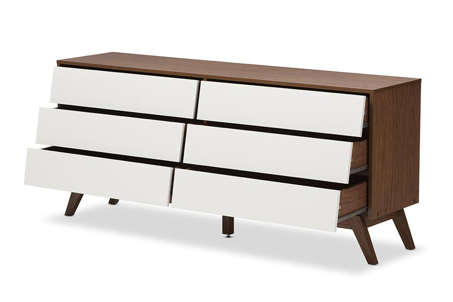 Baxton Studio Hildon Mid-Century Modern White and Walnut Wood 6-Drawer Storage Dresser