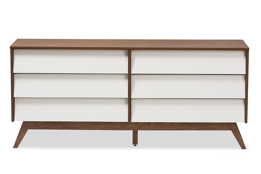 Baxton Studio Hildon Mid-Century Modern White and Walnut Wood 6-Drawer Storage Dresser