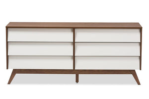 Baxton Studio Hildon Mid-Century Modern White and Walnut Wood 6-Drawer Storage Dresser