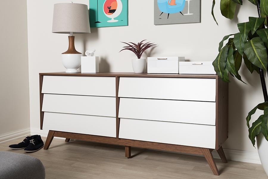 Baxton Studio Hildon Mid-Century Modern White and Walnut Wood 6-Drawer Storage Dresser