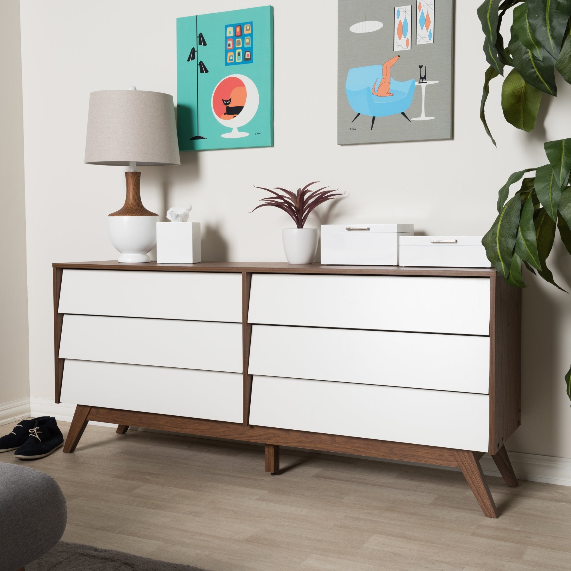 Baxton Studio Hildon Mid-Century Modern White and Walnut Wood 6-Drawer Storage Dresser