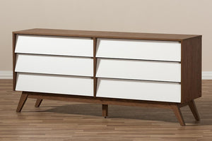 Baxton Studio Hildon Mid-Century Modern White and Walnut Wood 6-Drawer Storage Dresser