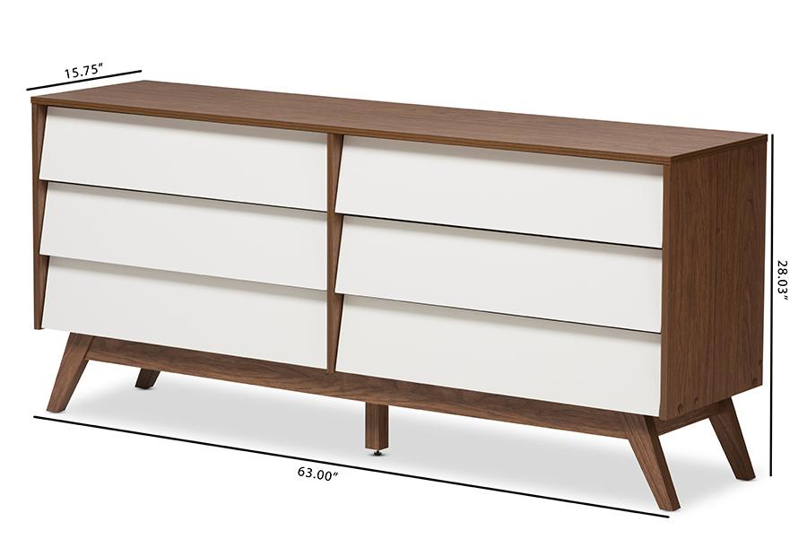 Baxton Studio Hildon Mid-Century Modern White and Walnut Wood 6-Drawer Storage Dresser