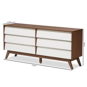 Baxton Studio Hildon Mid-Century Modern White and Walnut Wood 6-Drawer Storage Dresser