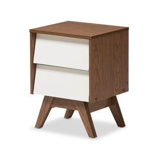 Baxton Studio Hildon Mid-Century Modern White and Walnut Wood 2-Drawer Storage Nightstand