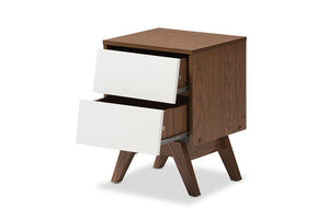 Baxton Studio Hildon Mid-Century Modern White and Walnut Wood 2-Drawer Storage Nightstand