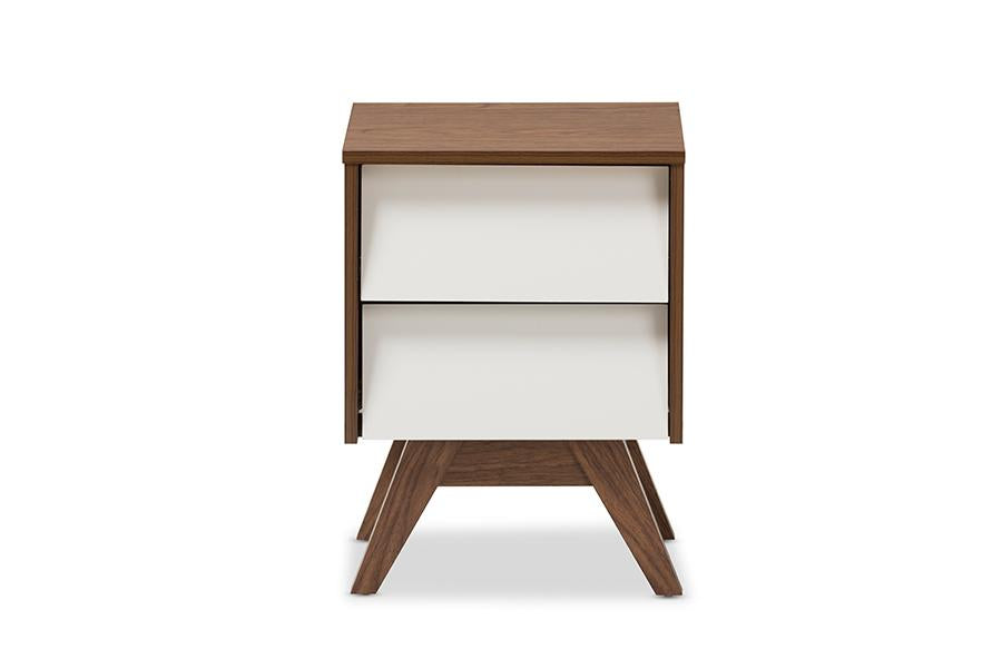 Baxton Studio Hildon Mid-Century Modern White and Walnut Wood 2-Drawer Storage Nightstand