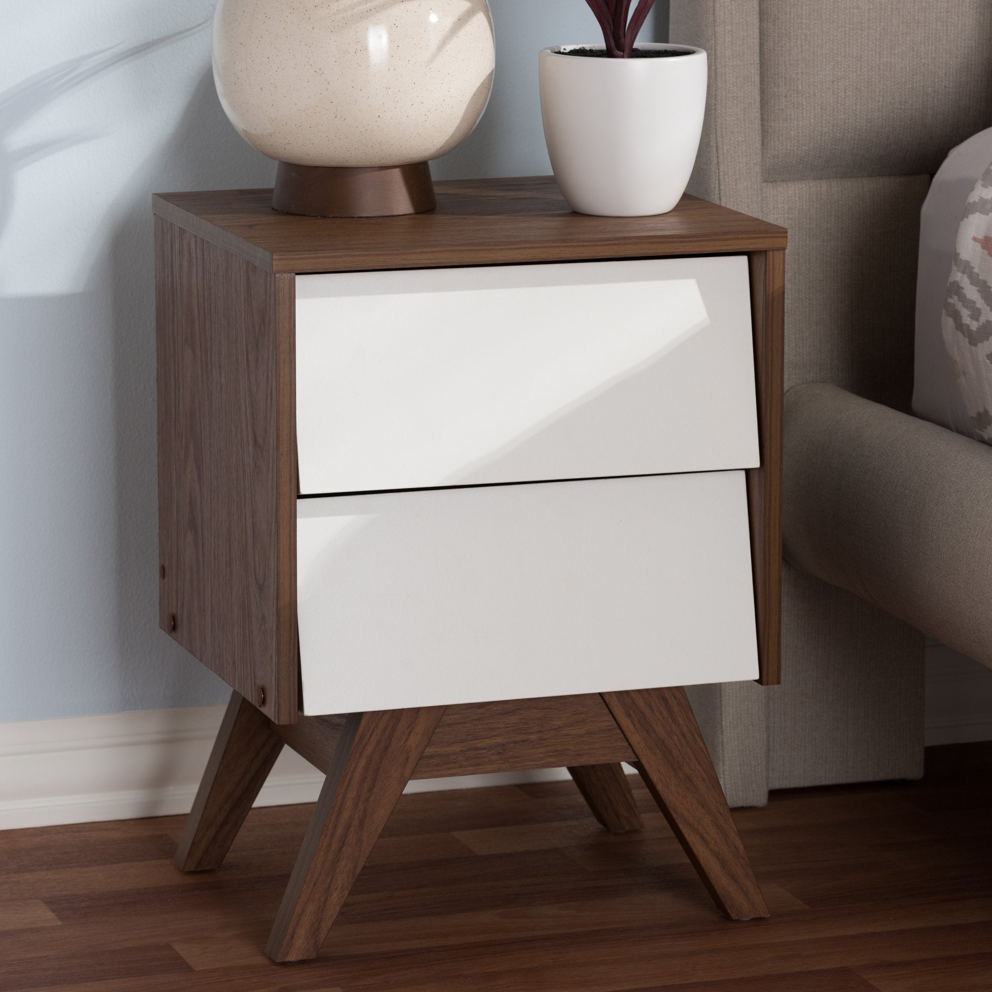 Baxton Studio Hildon Mid-Century Modern White and Walnut Wood 2-Drawer Storage Nightstand