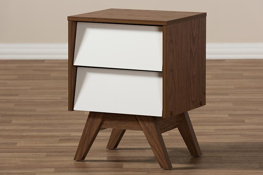 Baxton Studio Hildon Mid-Century Modern White and Walnut Wood 2-Drawer Storage Nightstand