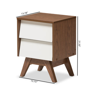 Baxton Studio Hildon Mid-Century Modern White and Walnut Wood 2-Drawer Storage Nightstand