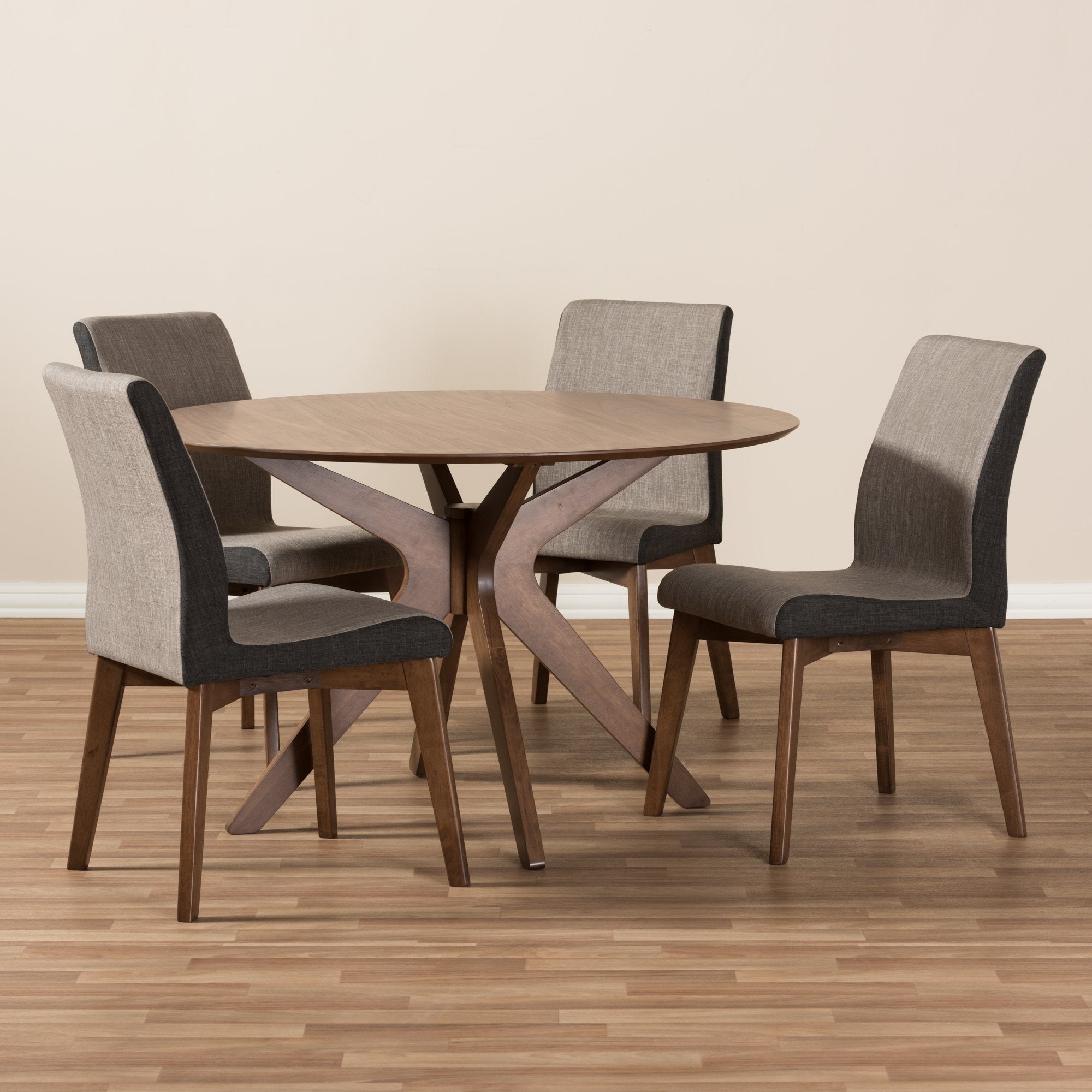 Baxton Studio Kimberly Mid-Century Modern Walnut Wood Round 5-Piece Dining Set