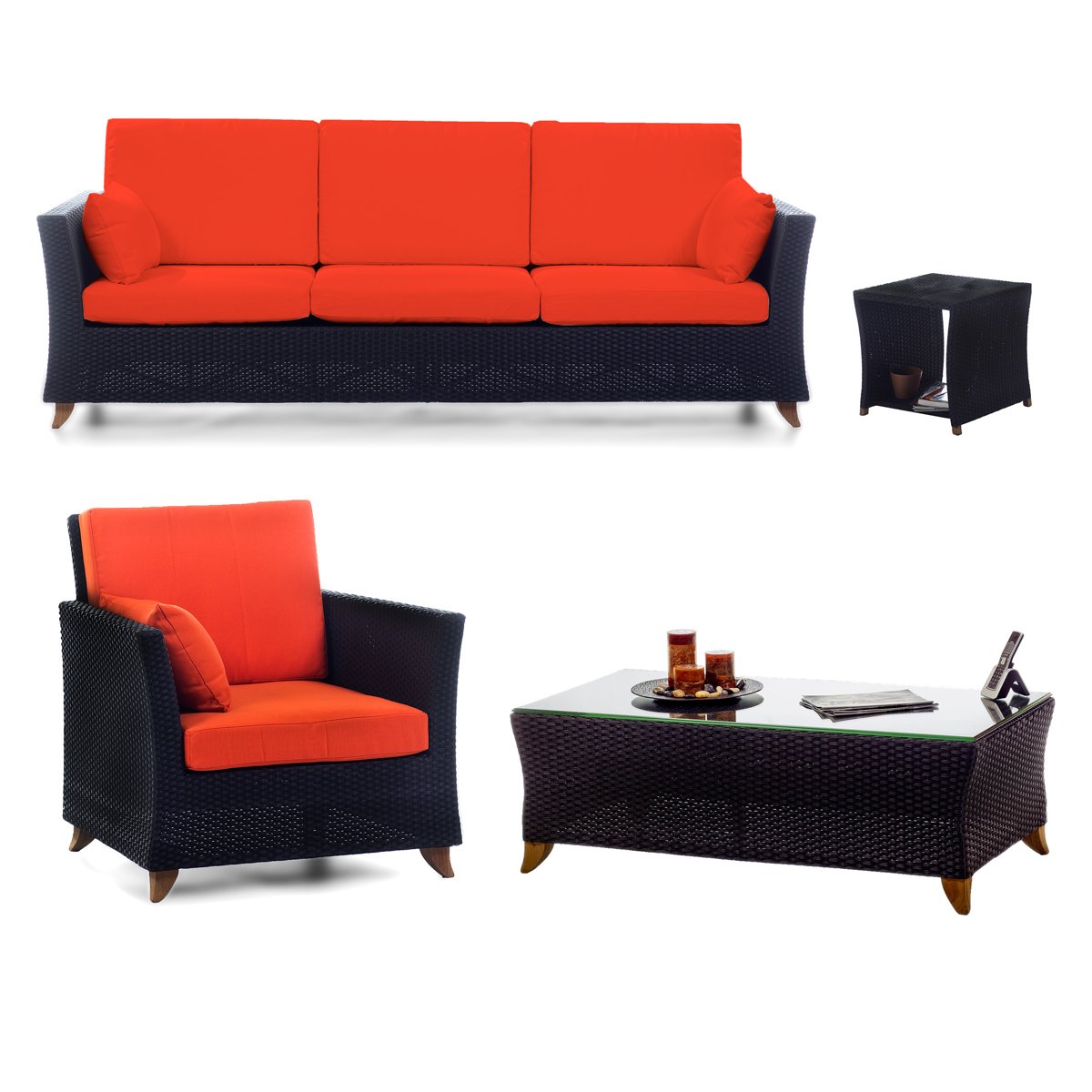 4-Piece Rattan Deep Seating Set and Cushions, Orange