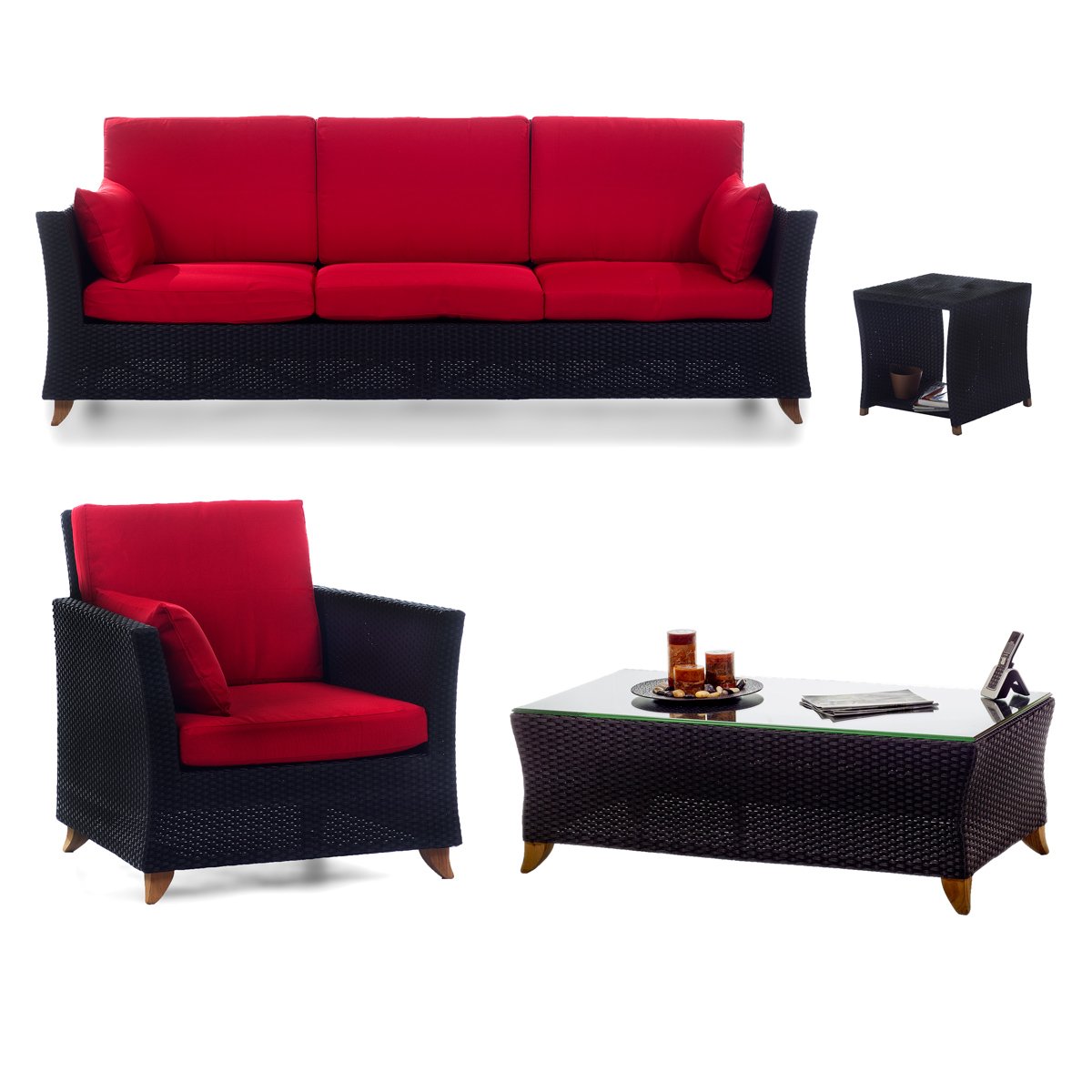 4-Piece Rattan Deep Seating Set and Cushions, Red