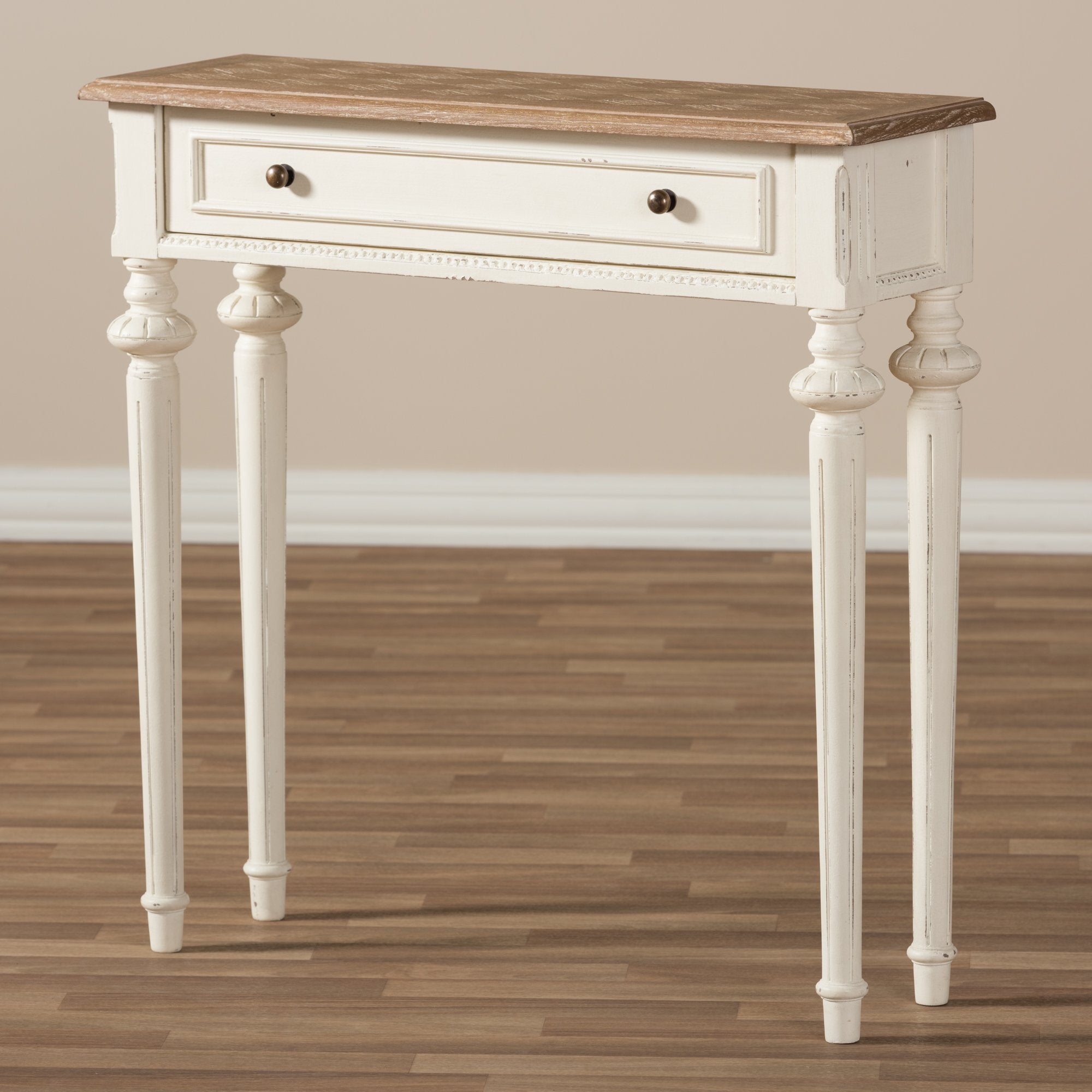 Baxton Studio Marquetterie French Provincial Style Weathered Oak and White Wash Distressed Finish Wood Two-Tone Console Table