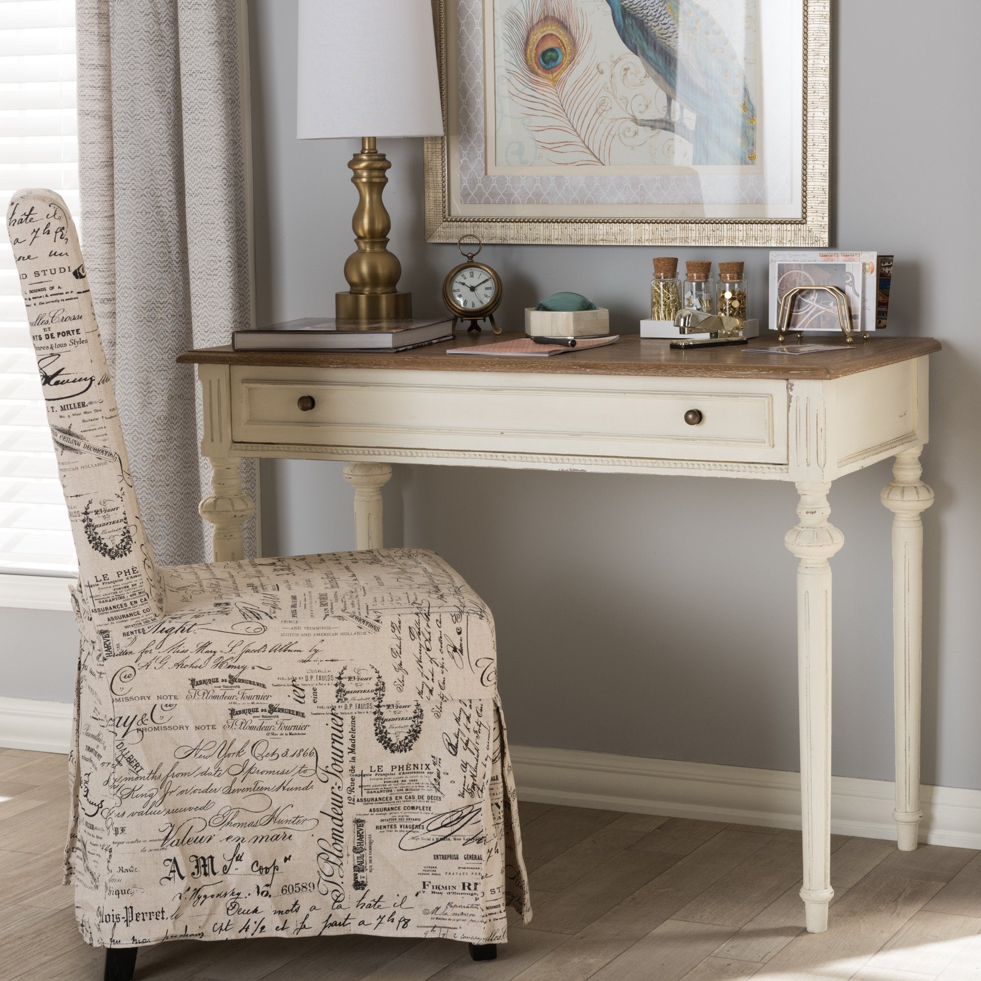 Baxton Studio Marquetterie French Provincial Weathered Oak and Whitewash Writing Desk