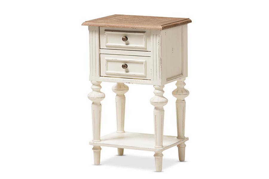 Baxton Studio Marquetterie French Provincial Style Weathered Oak and White Wash Distressed Finish Wood Two-Tone 2-Drawer and 1-Shelf Nightstand