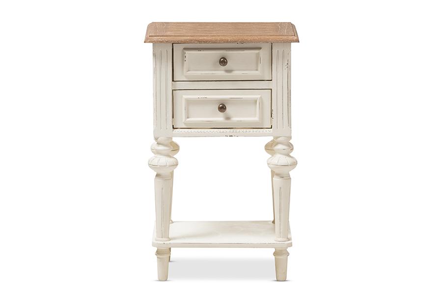 Baxton Studio Marquetterie French Provincial Style Weathered Oak and White Wash Distressed Finish Wood Two-Tone 2-Drawer and 1-Shelf Nightstand