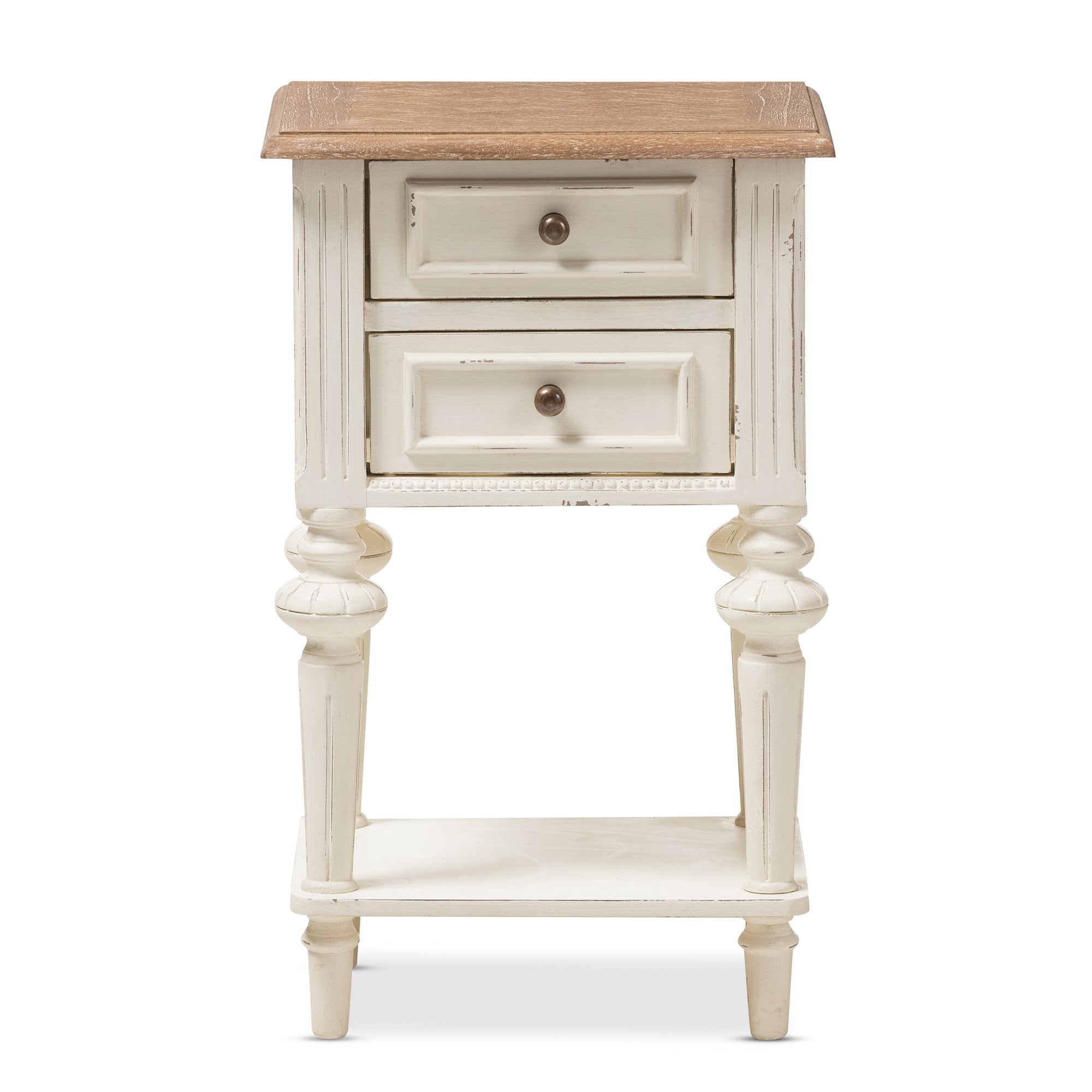 Baxton Studio Marquetterie French Provincial Style Weathered Oak and White Wash Distressed Finish Wood Two-Tone 2-Drawer and 1-Shelf Nightstand