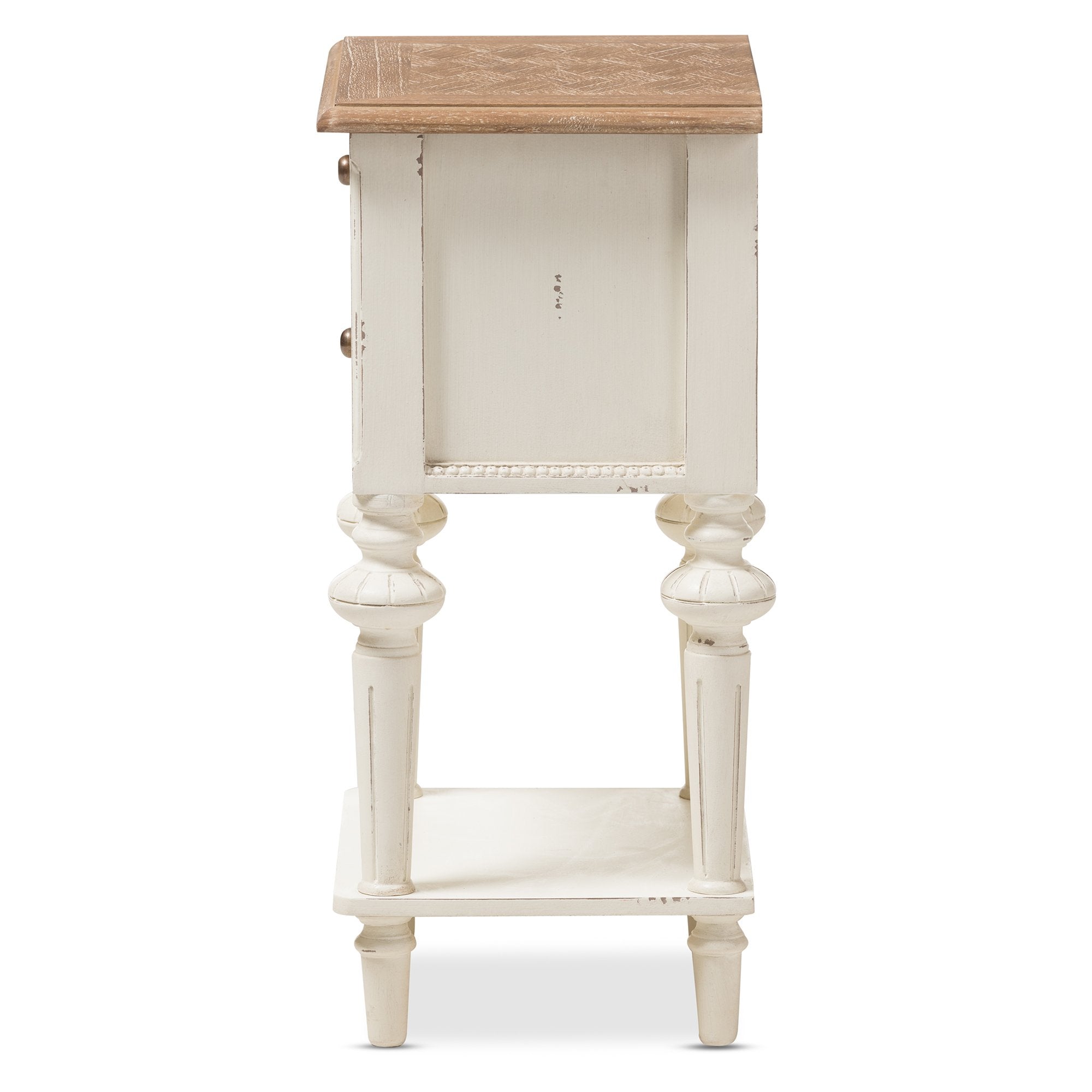 Baxton Studio Marquetterie French Provincial Style Weathered Oak and White Wash Distressed Finish Wood Two-Tone 2-Drawer and 1-Shelf Nightstand