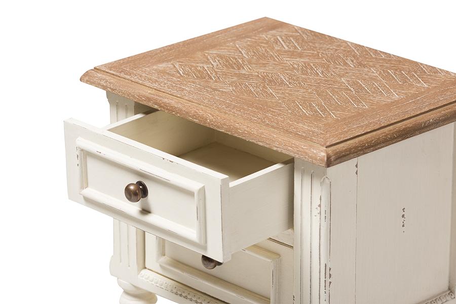 Baxton Studio Marquetterie French Provincial Style Weathered Oak and White Wash Distressed Finish Wood Two-Tone 2-Drawer and 1-Shelf Nightstand