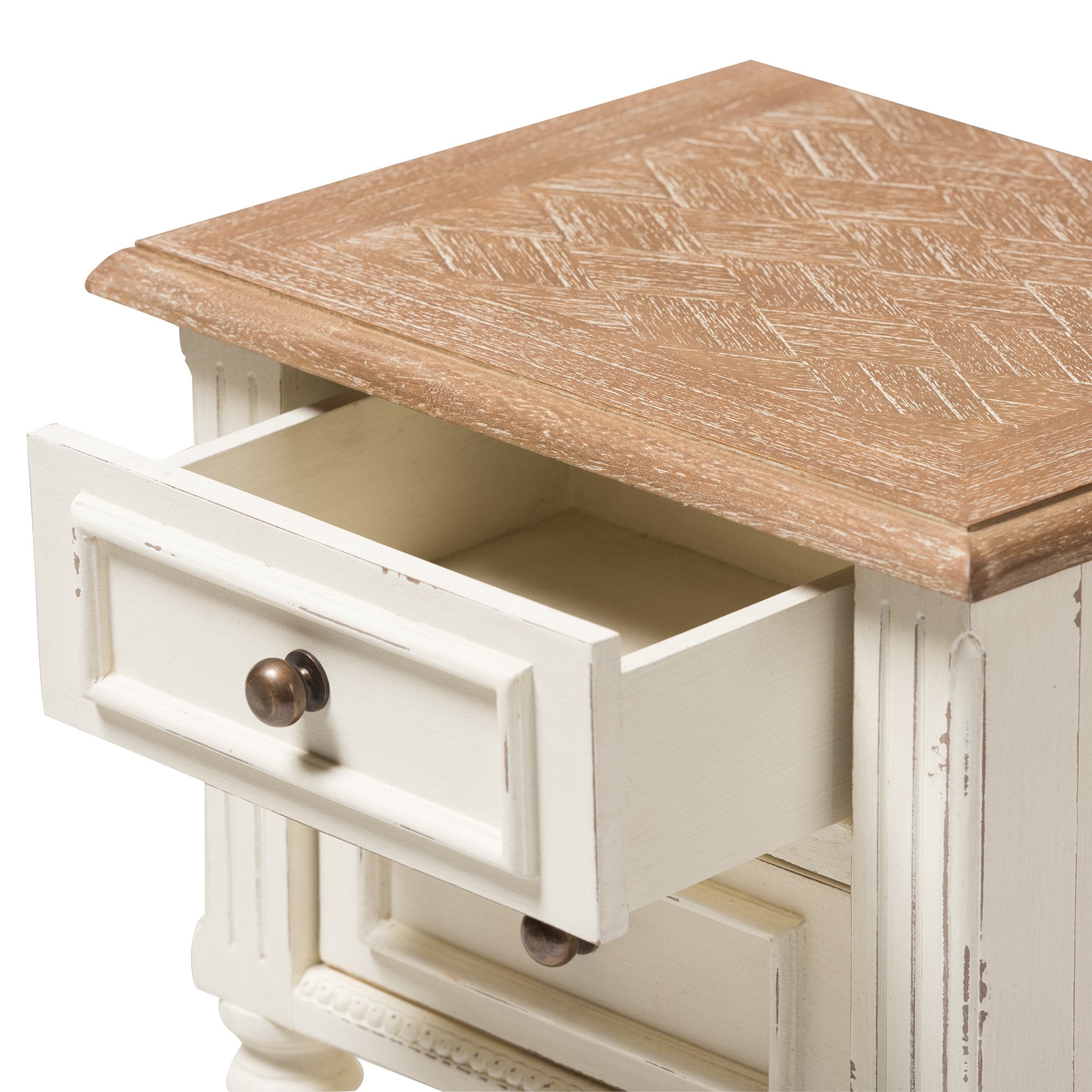 Baxton Studio Marquetterie French Provincial Style Weathered Oak and White Wash Distressed Finish Wood Two-Tone 2-Drawer and 1-Shelf Nightstand