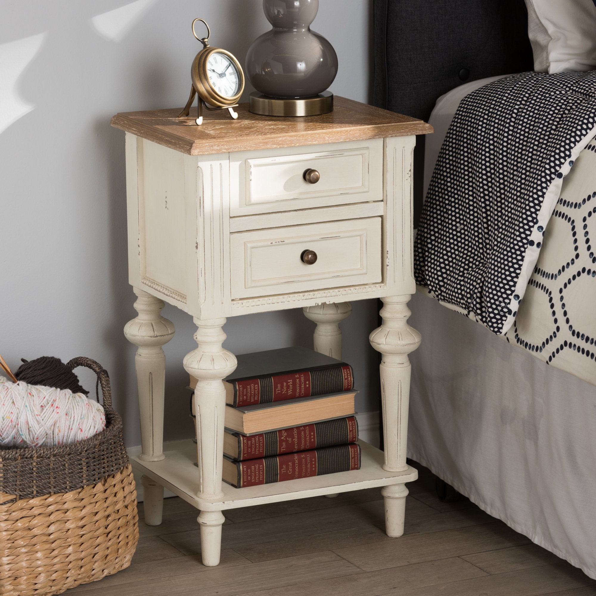 Baxton Studio Marquetterie French Provincial Style Weathered Oak and White Wash Distressed Finish Wood Two-Tone 2-Drawer and 1-Shelf Nightstand