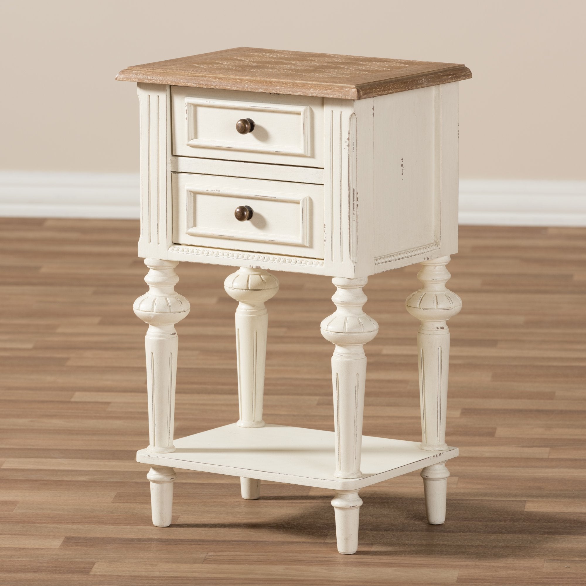 Baxton Studio Marquetterie French Provincial Style Weathered Oak and White Wash Distressed Finish Wood Two-Tone 2-Drawer and 1-Shelf Nightstand