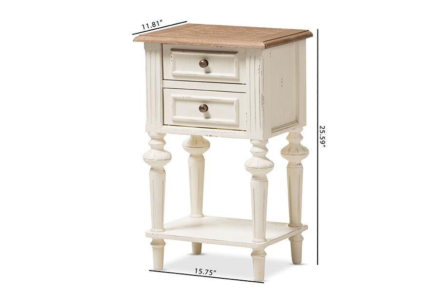 Baxton Studio Marquetterie French Provincial Style Weathered Oak and White Wash Distressed Finish Wood Two-Tone 2-Drawer and 1-Shelf Nightstand