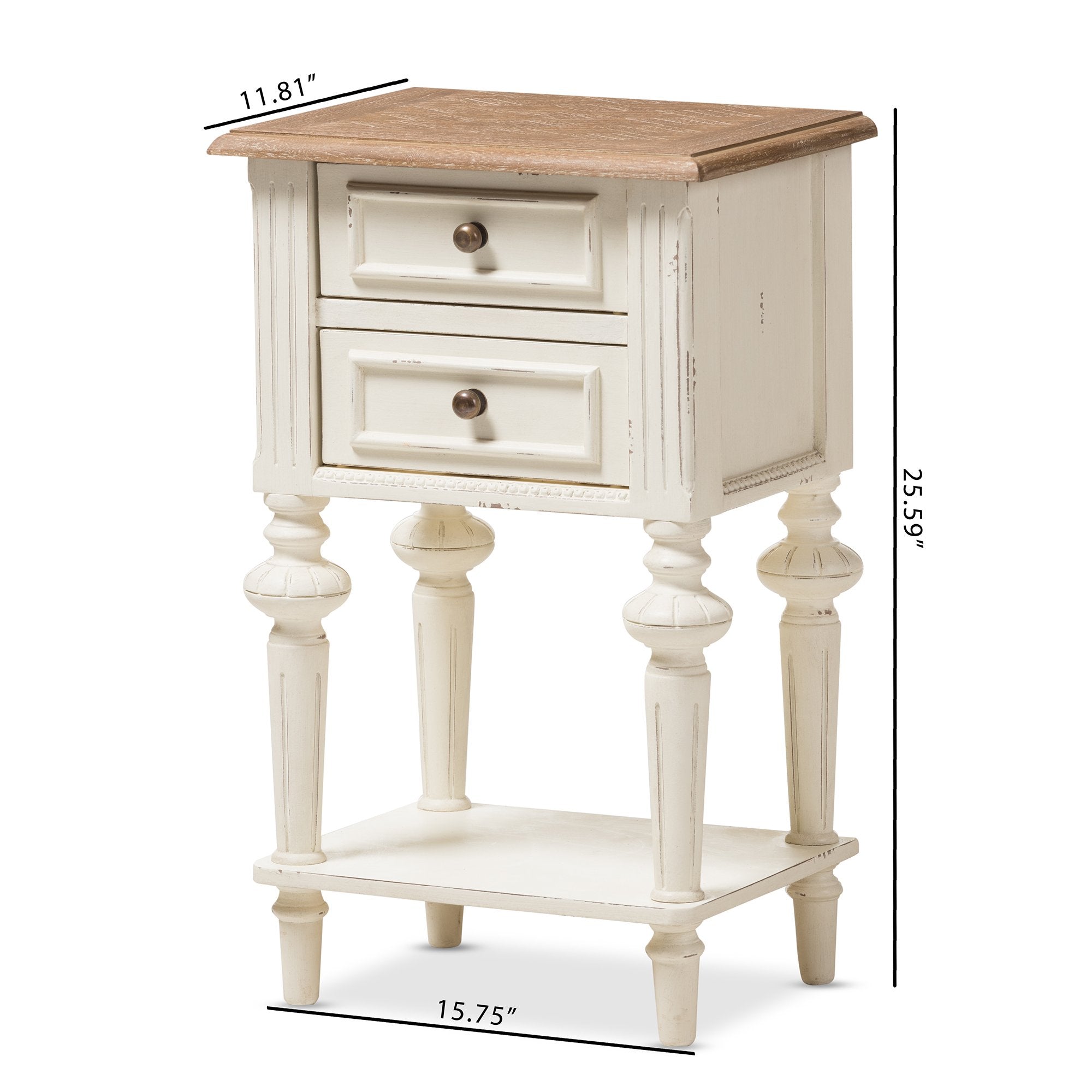 Baxton Studio Marquetterie French Provincial Style Weathered Oak and White Wash Distressed Finish Wood Two-Tone 2-Drawer and 1-Shelf Nightstand