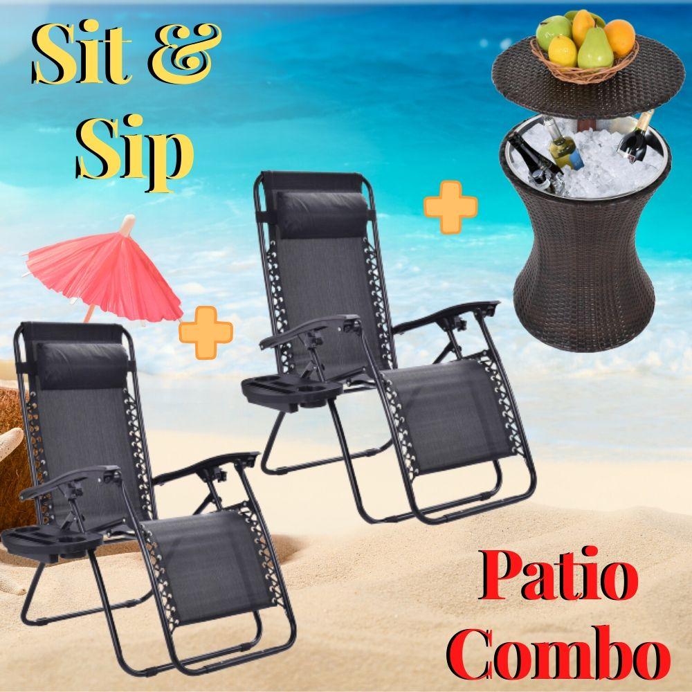 Sit & Sip Patio Set Combo | Pair of Zero Impact Pool Patio Lounge Chairs with Dual Function Ice Cold Beverage Cooler Side Table