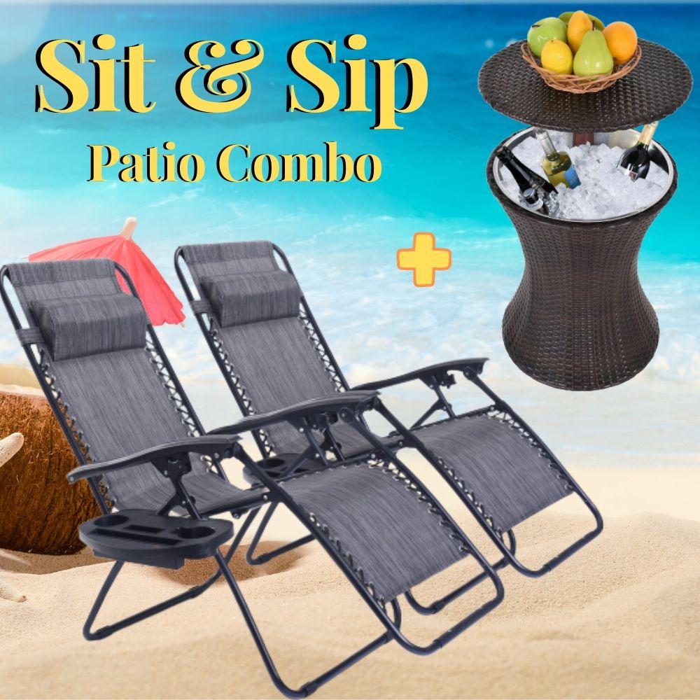 Sit & Sip Patio Set Combo | Pair of Zero Impact Pool Patio Lounge Chairs with Dual Function Ice Cold Beverage Cooler Side Table