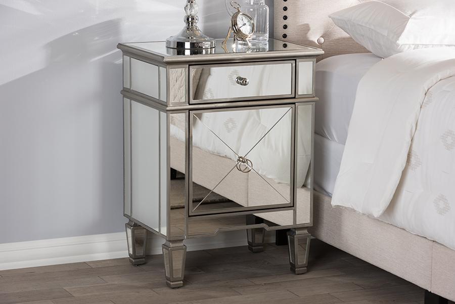 Baxton Studio Claudia Hollywood Regency Glamour Style Mirrored Nightstand