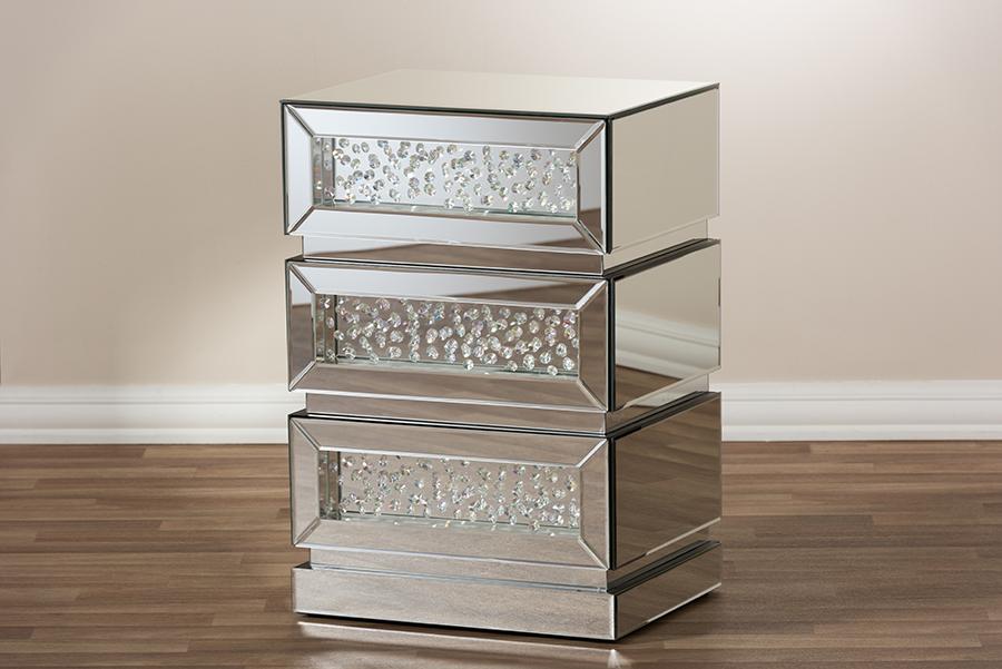 Baxton Studio Sabrina Hollywood Regency Glamour Style Mirrored 3-Drawer Nightstand