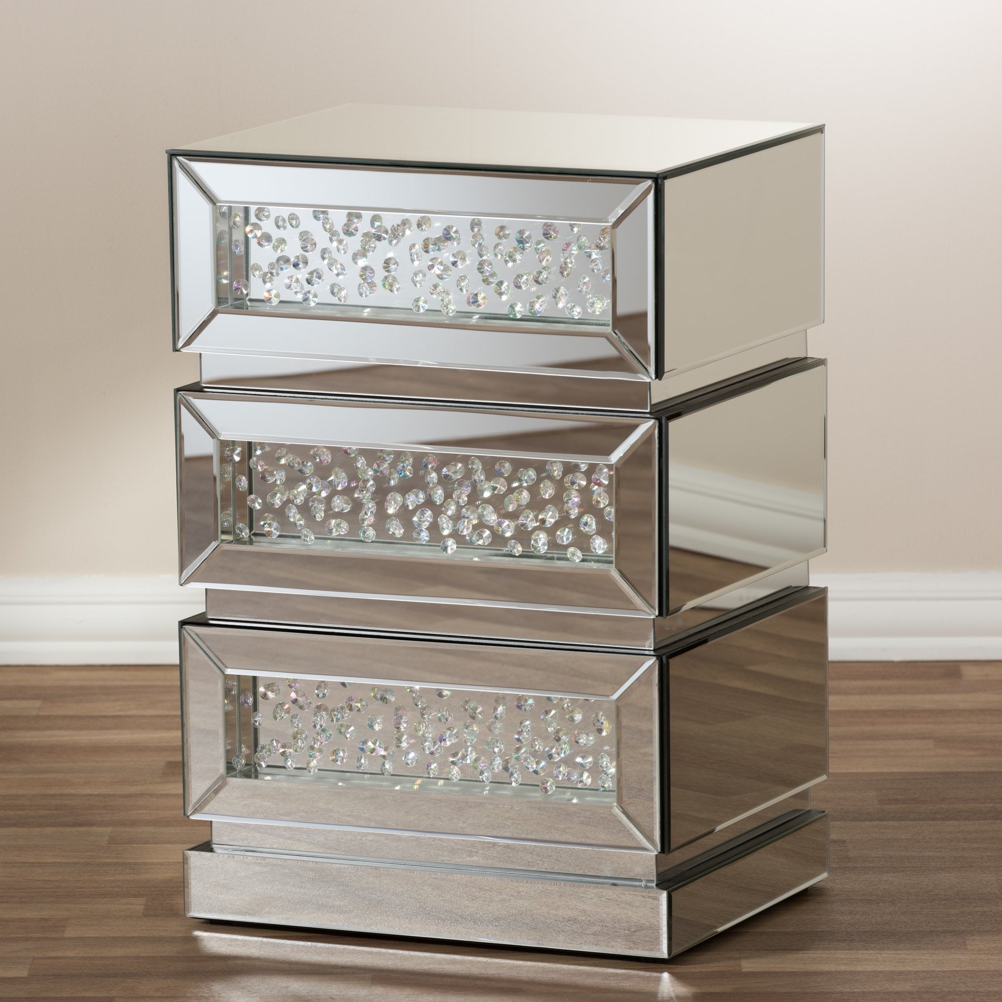 Baxton Studio Sabrina Hollywood Regency Glamour Style Mirrored 3-Drawer Nightstand