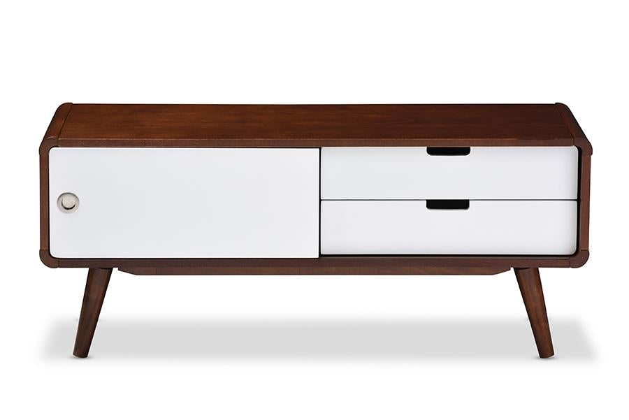 Baxton Studio Armani Mid-century Modern Dark Walnut and White Two-tone Finish 2-drawer with Sliding Door Wood TV Cabinet