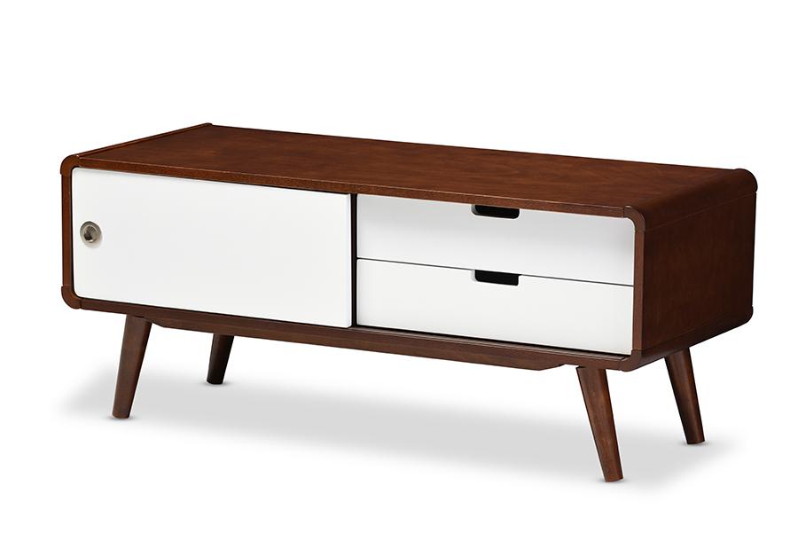 Baxton Studio Armani Mid-century Modern Dark Walnut and White Two-tone Finish 2-drawer with Sliding Door Wood TV Cabinet