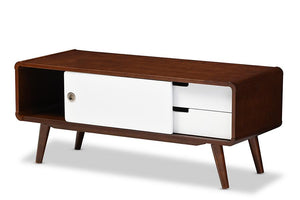 Baxton Studio Armani Mid-century Modern Dark Walnut and White Two-tone Finish 2-drawer with Sliding Door Wood TV Cabinet