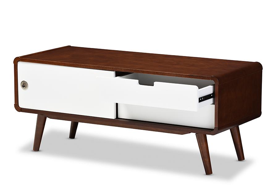 Baxton Studio Armani Mid-century Modern Dark Walnut and White Two-tone Finish 2-drawer with Sliding Door Wood TV Cabinet