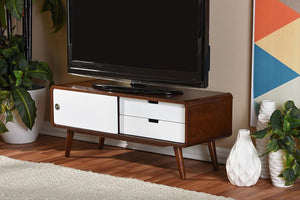 Baxton Studio Armani Mid-century Modern Dark Walnut and White Two-tone Finish 2-drawer with Sliding Door Wood TV Cabinet