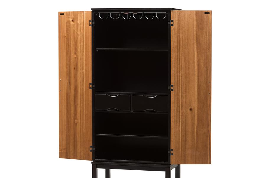 Baxton Studio Marya Mid-Century Modern Dark Brown And Walnut Two-Tone Solid Rubberwood MDF Veneered Wine Cabinet