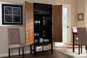 Baxton Studio Marya Mid-Century Modern Dark Brown And Walnut Two-Tone Solid Rubberwood MDF Veneered Wine Cabinet